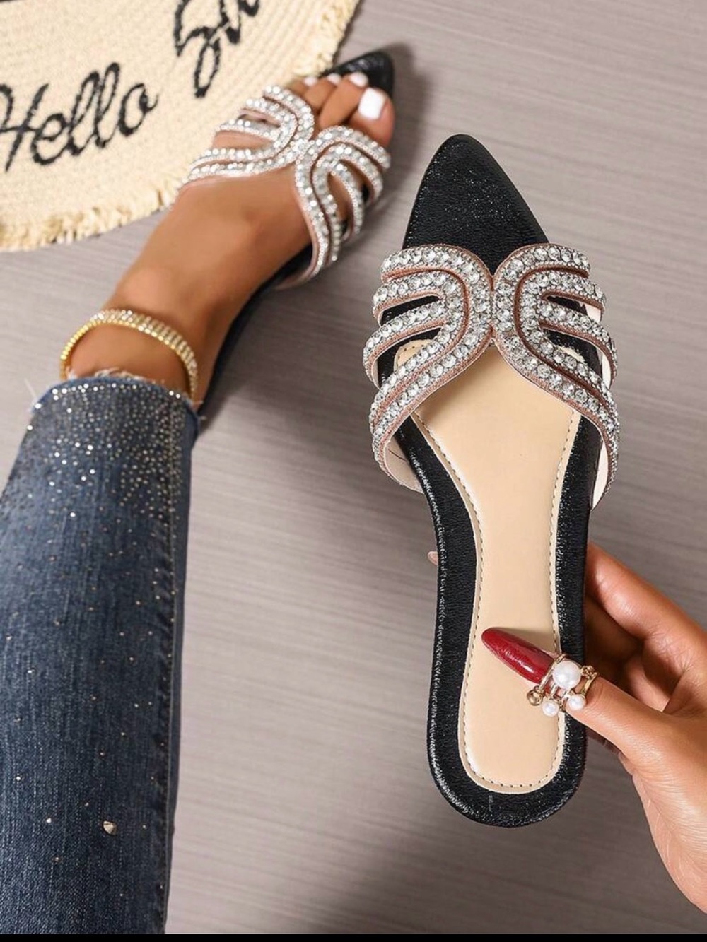 Crystal-Embellished Black Pointed Mules